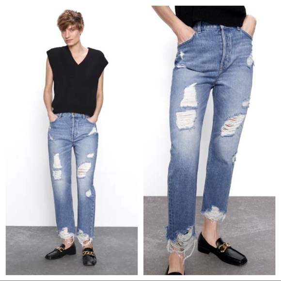 ZARA RIPPED MOM FIT JEANS Distressed size 0 High Rice - Picture 1 of 11